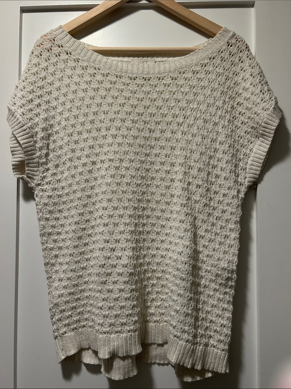 LOFT Cream Open-Knit Short Sleeve Sweater